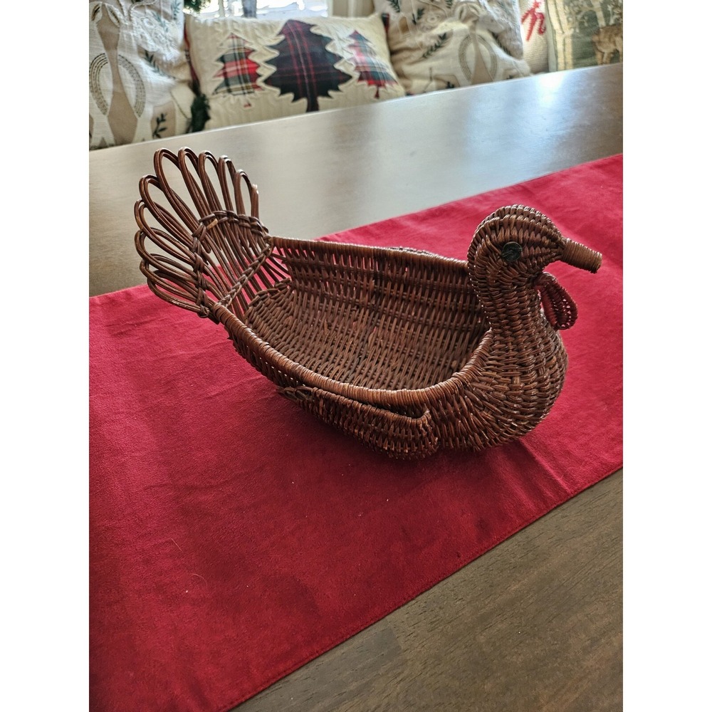 Vintage Turkey Wicker Bread Basket Woven Rattan Thanksgiving Farmhouse Decor